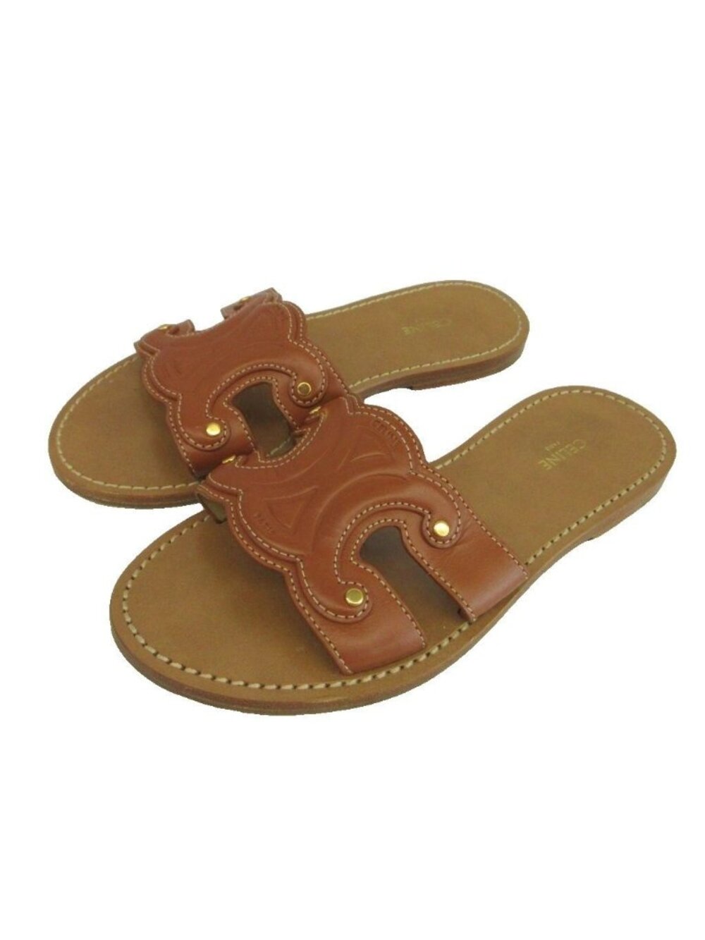 Celine Triomphe Mules Flat Sandals Leather Logo Brown